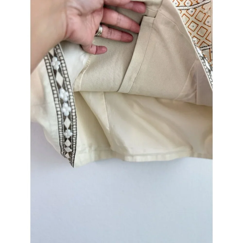 CHICO'S Women’s Embellished Jacket Tan Beige Embroidered‎ 3/4 Sleeves Size 2